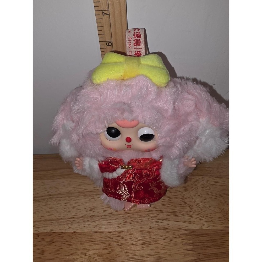 Baby Three Macaron Ver. 2 pink rabbit plush pendant wearing a red traditional